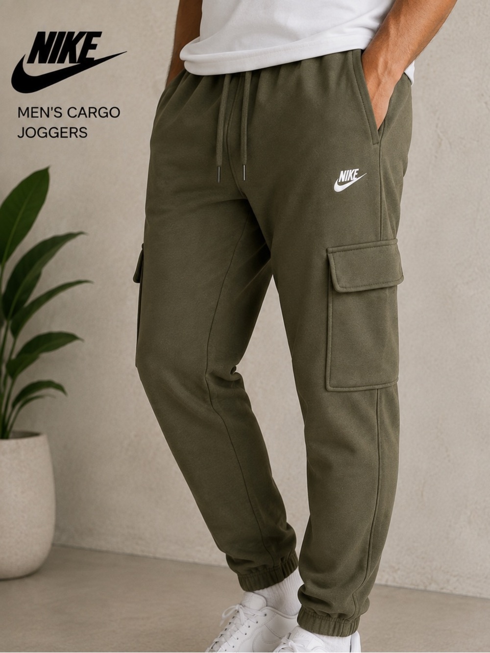 Nike Club Fleece Cargo Jogger Pants Olive Green Men's Medium - Perfect Condition